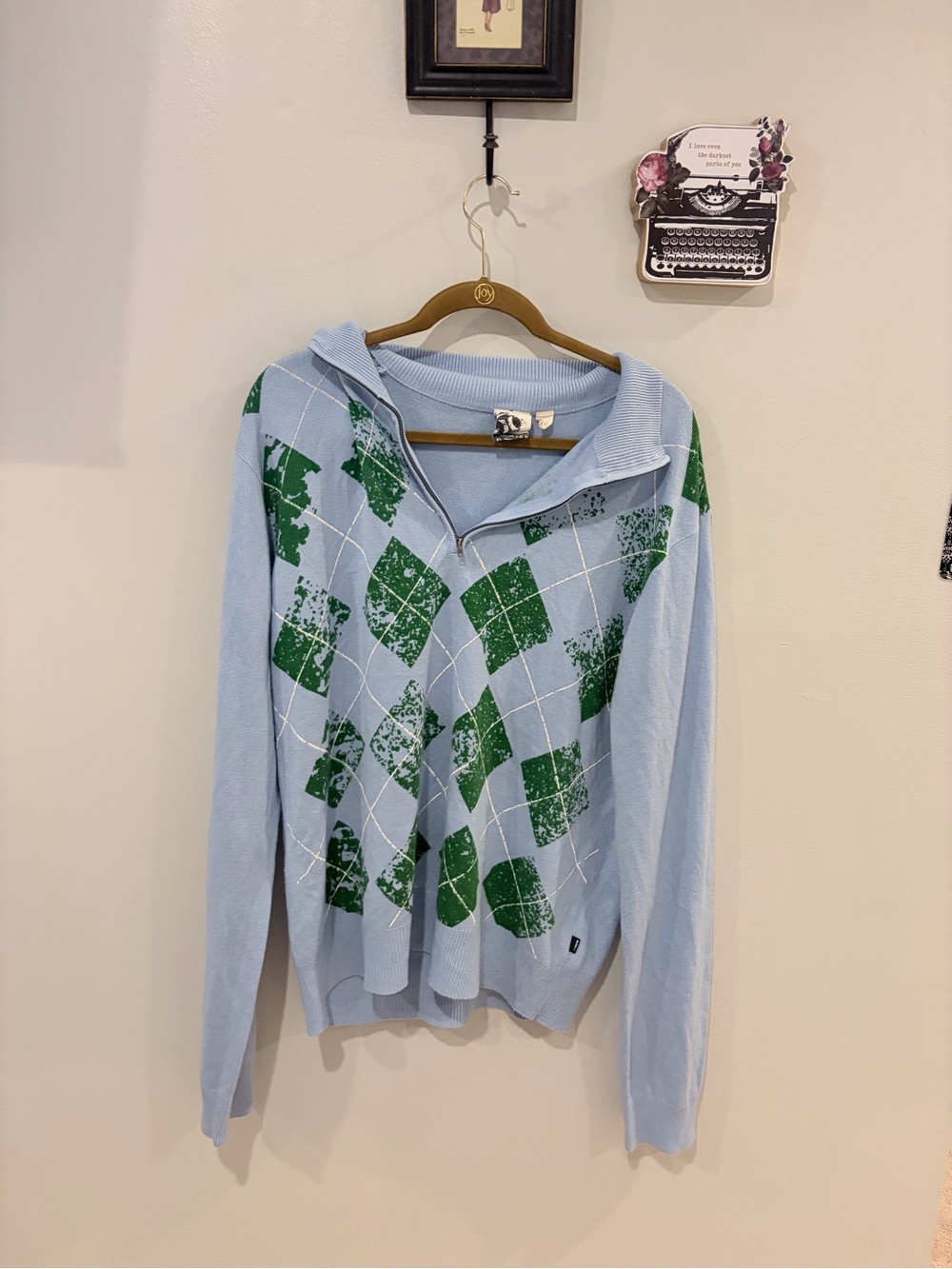 Hurley Light Blue Sweater with Green Argyle Half-Zip